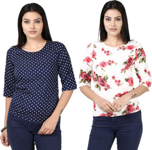 Tulip Casual Half Sleeve Printed Women's Blue, White Top