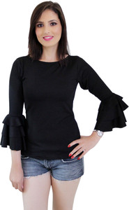 CrazeVilla Party Full Sleeve, Bell Sleeve Solid Women Black Top