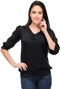 Crease & Clips Casual 3/4th Sleeve Solid Women's Black Top