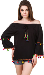 Wiser Casual 3/4th Sleeve Embroidered Women's Black Top