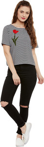 Miss Chase Casual Half Sleeve Striped Women's Black, White Top