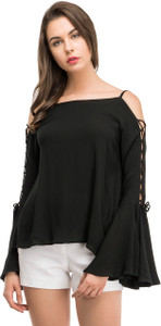 LA ATTIRE Casual Bell Sleeve Solid Women's Black Top
