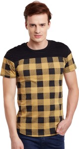 Fugazee Checkered Men Round Neck Yellow, Black T-Shirt