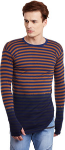 Fugazee Striped Men Round Neck Dark Blue T-Shirt