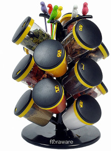 Floraware 15-Jar Cute Revolving Spice Masala Box Rack with Fruit Fork, Yellow Condiment Set