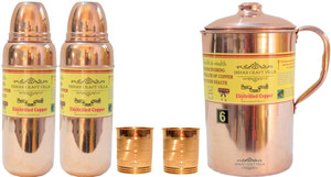 Indian Craft Villa Handmade Best Quality 100% Pure Copper 1 Jug Pitcher Capacity 2.1 Liter 2 Glass Cup Goblet Capacity 300 ML 2 Water Bottle Capacity 700 ML for Storage Water Good Health Benefits Yoga, Ayurveda Home Decorate Kitchen Dinning Ware Travel Bottle Gift Item Combo Set Water Jug Set