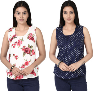 TULIP Casual Sleeveless Printed Women's White, Blue Top