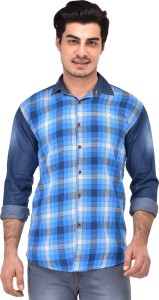Lafantar Men's Checkered Casual Denim Blue Shirt