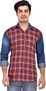 Lafantar Men's Checkered Casual Denim Red, Blue Shirt