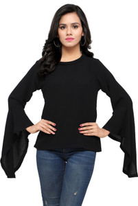serein Formal Bell Sleeve Solid Women Black Top