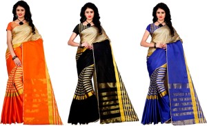 Cotton Linen Blend Saree Black Indian Handicrfats Export Striped Fashion Tussar Silk 