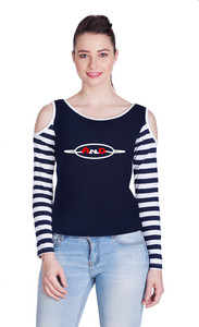 Vea Kupia Casual Full Sleeve Solid, Striped Women Blue, White Top