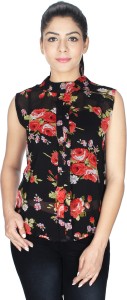 Crease & Clips Casual Sleeveless Floral Print Women's Red, Black Top