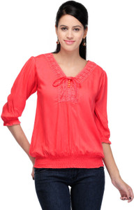 Crease & Clips Casual 3/4th Sleeve Solid Women's Red Top