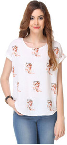 Mysarees Casual Half Sleeve Printed Women White Top