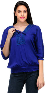 Crease & Clips Casual 3/4th Sleeve Solid Women's Blue Top