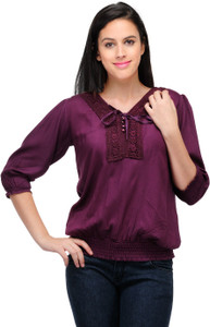 Crease & Clips Casual 3/4th Sleeve Solid Women's Purple Top