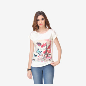 Mysarees Casual Short Sleeve Printed Women White Top