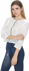 JOLLIY Casual 3/4th Sleeve Embroidered Women White Top