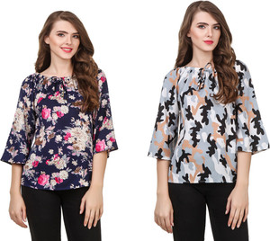 Wiser Casual 3/4th Sleeve Printed Women Blue Top