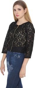JOLLIY Casual 3/4th Sleeve Embroidered Women Black Top