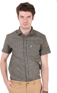 Roman Island Men Checkered Casual Yellow Shirt
