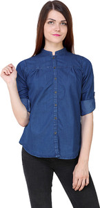 The Earth Girls Solid Casual Denim Blue Shirt