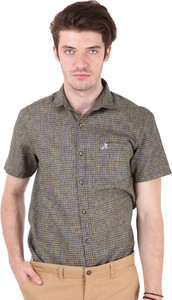 Roman Island Men Checkered Casual Yellow Shirt