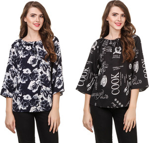 Delux Look Casual 3/4th Sleeve Printed Women Blue Top