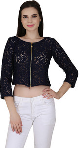 Spex jet Party 3/4th Sleeve Embroidered Women Dark Blue Top