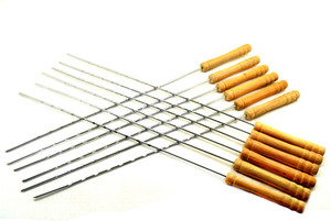 Sukot 12 PCs Metal + Wooden Handle BBQ Barbecue Skewers Meat Kabab Stick 16inch Iron Roast Fork Set