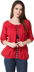 aania Casual 3/4th Sleeve Embroidered Women Red Top