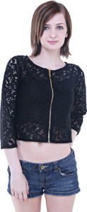 Myshka Casual 3/4th Sleeve Solid Women Black Top