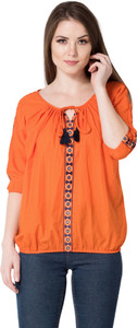 aania Casual 3/4th Sleeve Embroidered Women Orange Top