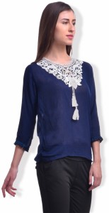 BuyNewTrend Casual 3/4th Sleeve Embroidered Women Dark Blue Top