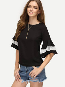 Raabta Fashion Casual Bell Sleeve Solid Women Black Top