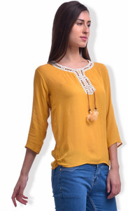 BuyNewTrend Casual 3/4th Sleeve Embroidered Women Yellow Top