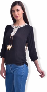 BuyNewTrend Casual 3/4th Sleeve Embroidered Women Black Top