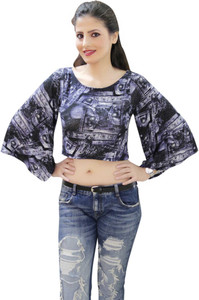 CrazeVilla Casual Bell Sleeve, Full Sleeve Printed Women Blue Top
