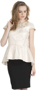 Kazo Party Cap Sleeve Self Design Women Silver Top