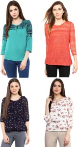 Mayra Party 3/4th Sleeve Printed, Polka Print, Lace, Floral Print Women Multicolor Top