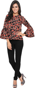 Serein Casual Bell Sleeve Printed Women Black Top