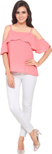 Serein Party Shoulder Strap Solid Women Pink Top