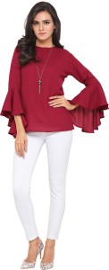 Serein Party Bell Sleeve Solid Women Maroon Top