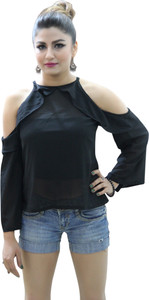 CrazeVilla Casual Full Sleeve, Bell Sleeve Solid Women Black Top