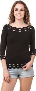 Purple Feather Casual 3/4th Sleeve Solid Women Black Top
