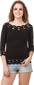 Purple Feather Casual 3/4th Sleeve Solid Women Black Top