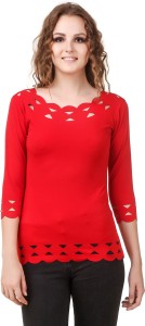 Purple Feather Casual 3/4th Sleeve Solid Women Red Top