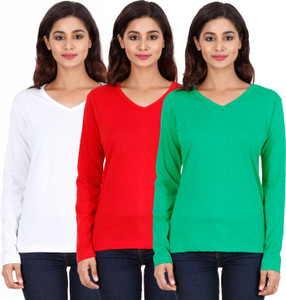 FLEXIMAA Solid Women V-neck Multicolor T-Shirt