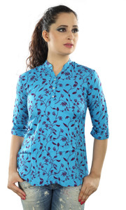 Mosho Casual 3/4th Sleeve Floral Print Women Blue Top